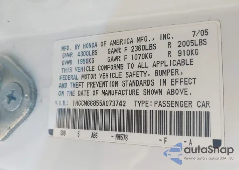 2005 Honda Accord 3.0 Ex z USA, uszkodzony, nr VIN 1HGCM66855A073742